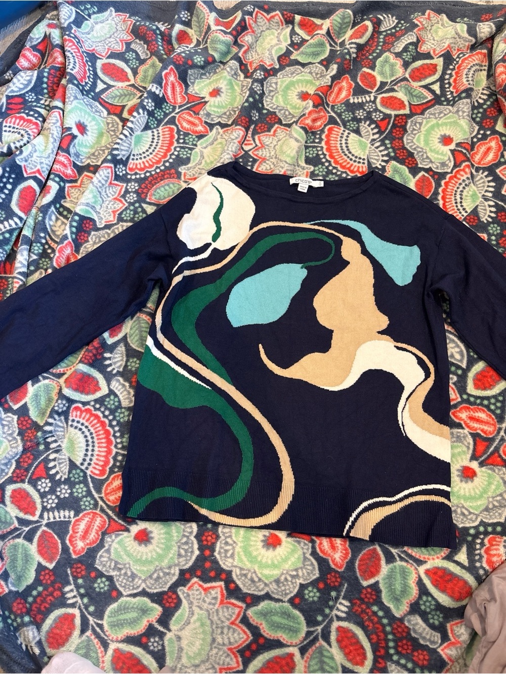 Chico's Navy Crewneck Sweater with Multicolor Abstract Swirls